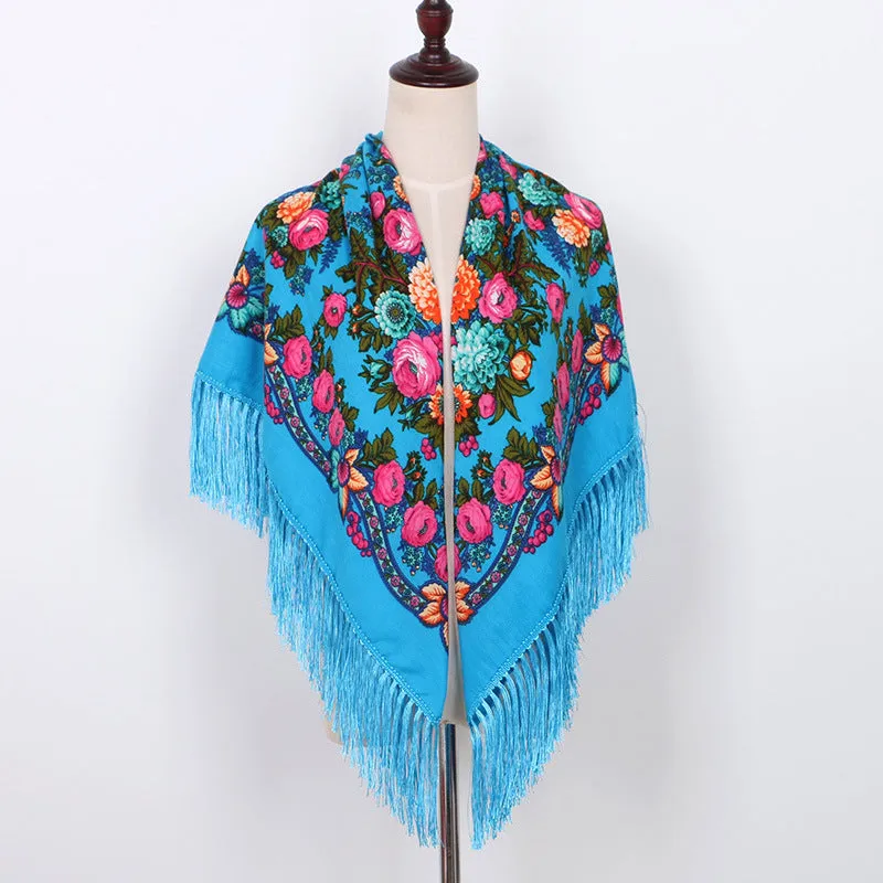 Ethnic Flower Print Square Scarf Shawl Wrap Fringed Scarves for Women Ladies Girls