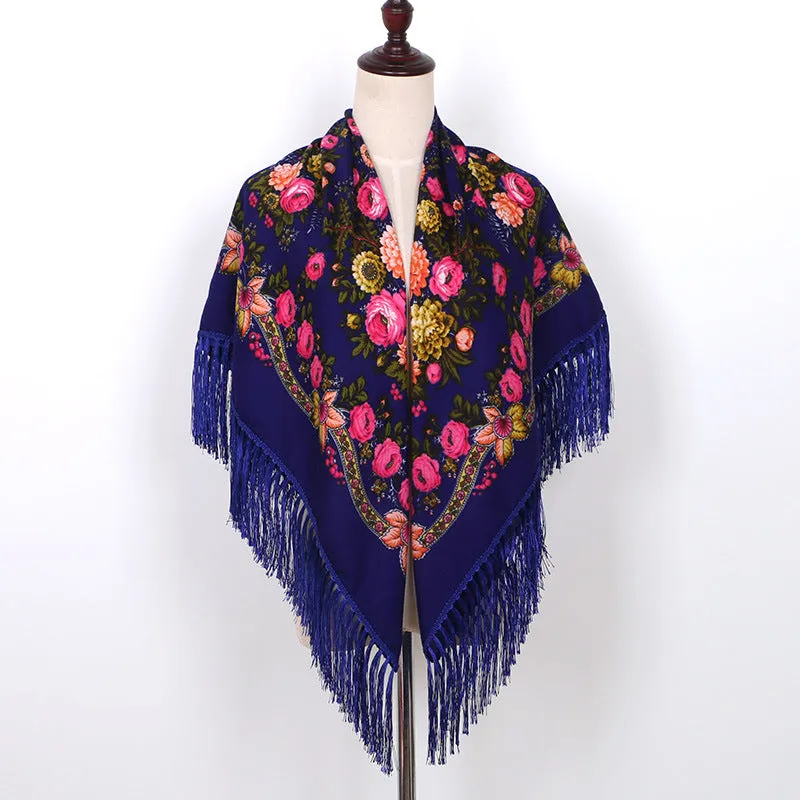 Ethnic Flower Print Square Scarf Shawl Wrap Fringed Scarves for Women Ladies Girls