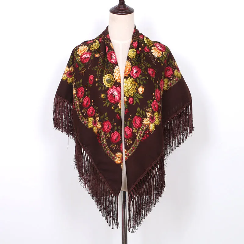 Ethnic Flower Print Square Scarf Shawl Wrap Fringed Scarves for Women Ladies Girls
