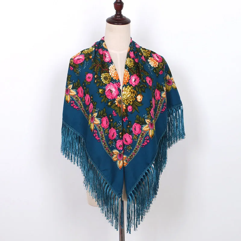 Ethnic Flower Print Square Scarf Shawl Wrap Fringed Scarves for Women Ladies Girls
