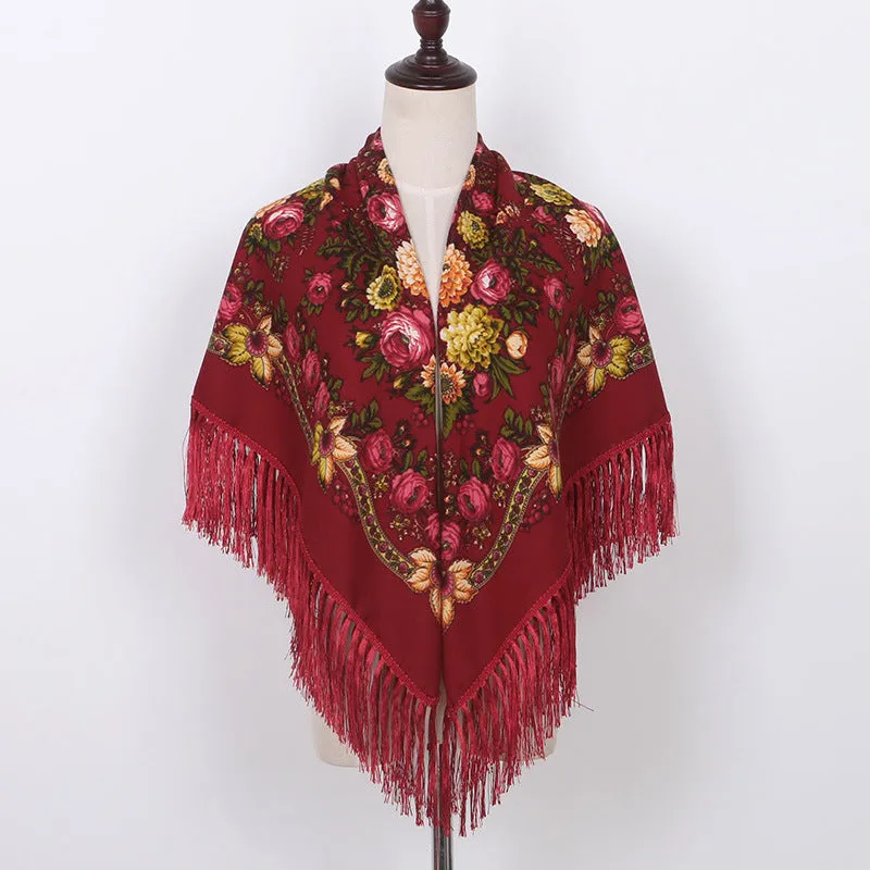 Ethnic Flower Print Square Scarf Shawl Wrap Fringed Scarves for Women Ladies Girls