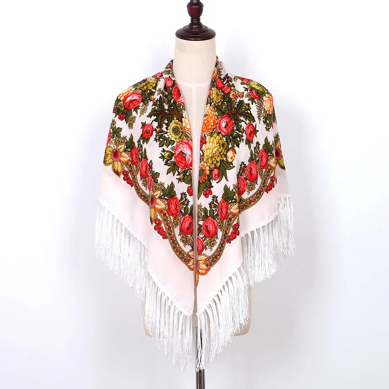Ethnic Flower Print Square Scarf Shawl Wrap Fringed Scarves for Women Ladies Girls