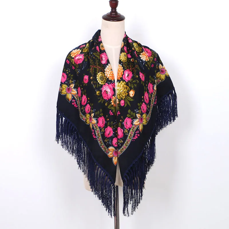 Ethnic Flower Print Square Scarf Shawl Wrap Fringed Scarves for Women Ladies Girls