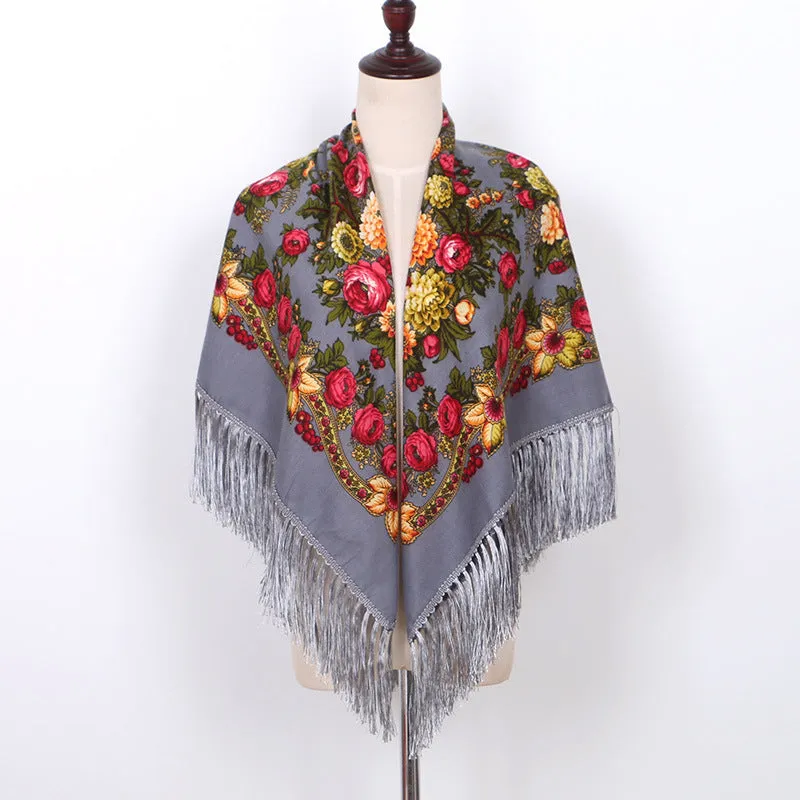 Ethnic Flower Print Square Scarf Shawl Wrap Fringed Scarves for Women Ladies Girls