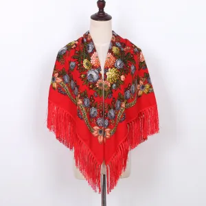Ethnic Flower Print Square Scarf Shawl Wrap Fringed Scarves for Women Ladies Girls