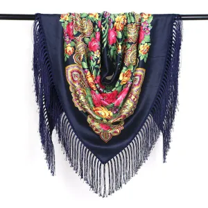 Ethnic Flower Print Triangle Scarf Shawl Fringed Scarves for Women Ladies Girls