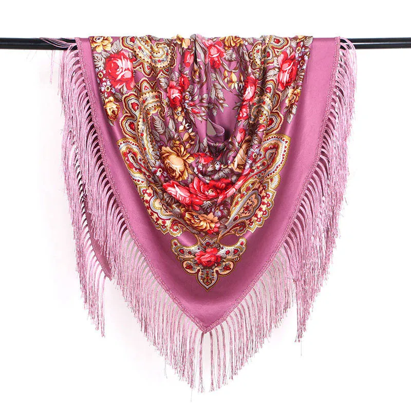 Ethnic Flower Print Triangle Scarf Shawl Fringed Scarves for Women Ladies Girls