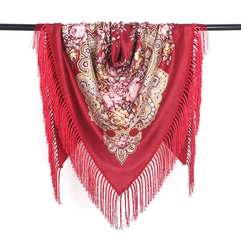 Ethnic Flower Print Triangle Scarf Shawl Fringed Scarves for Women Ladies Girls