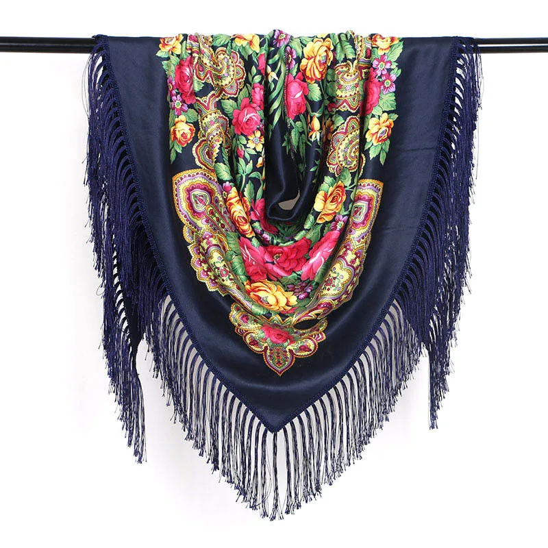 Ethnic Flower Print Triangle Scarf Shawl Fringed Scarves for Women Ladies Girls