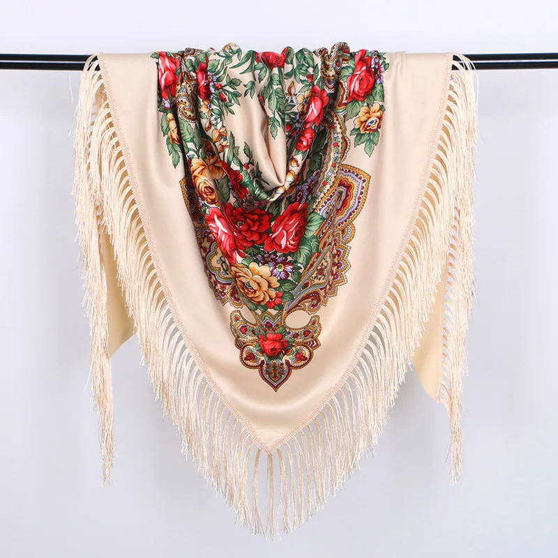 Ethnic Flower Print Triangle Scarf Shawl Fringed Scarves for Women Ladies Girls