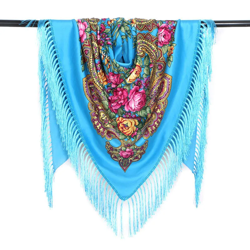 Ethnic Flower Print Triangle Scarf Shawl Fringed Scarves for Women Ladies Girls