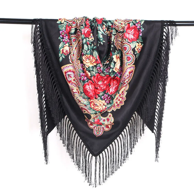 Ethnic Flower Print Triangle Scarf Shawl Fringed Scarves for Women Ladies Girls
