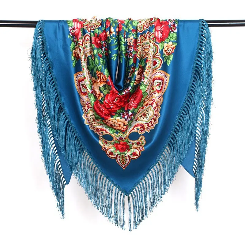 Ethnic Flower Print Triangle Scarf Shawl Fringed Scarves for Women Ladies Girls