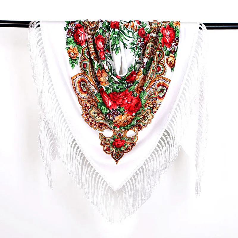Ethnic Flower Print Triangle Scarf Shawl Fringed Scarves for Women Ladies Girls