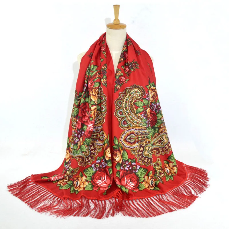 Ethnic Retro Flower Long Scarf Shawl Fringed Scarves for Women Ladies Girls