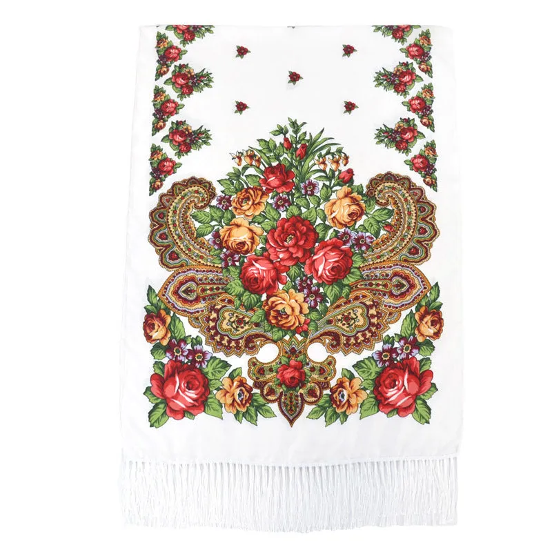 Ethnic Retro Flower Long Scarf Shawl Fringed Scarves for Women Ladies Girls
