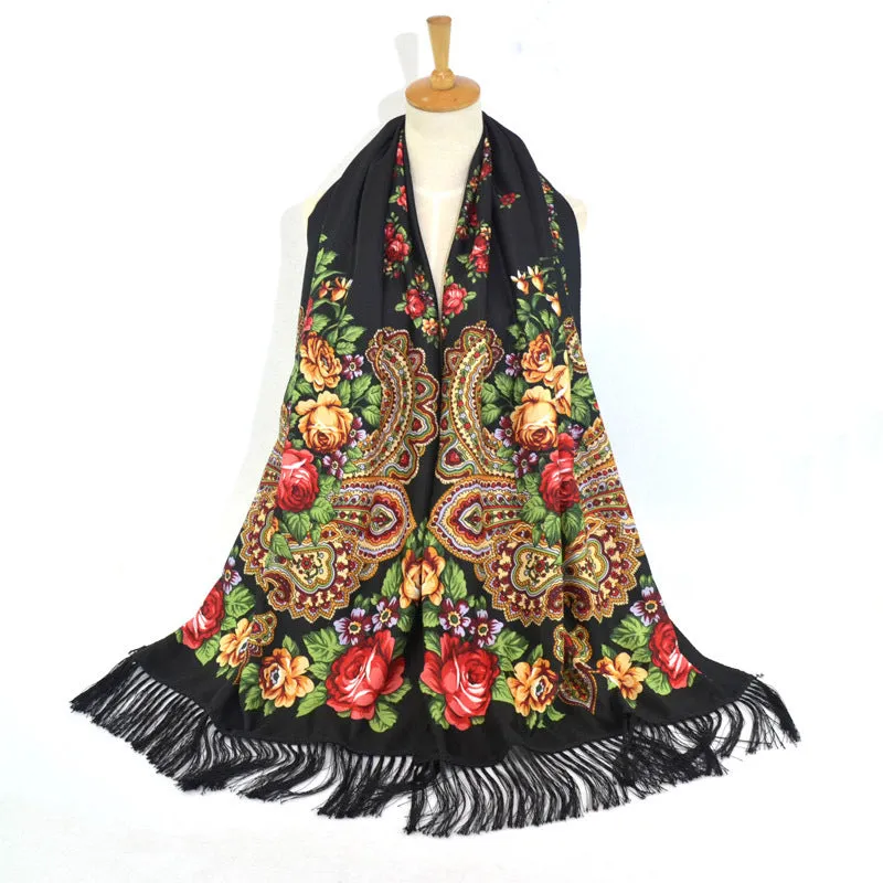 Ethnic Retro Flower Long Scarf Shawl Fringed Scarves for Women Ladies Girls