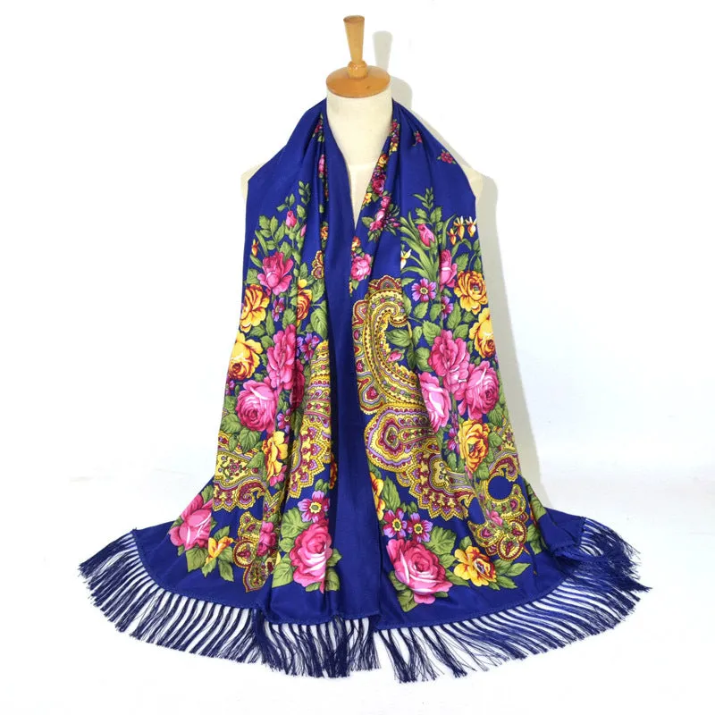 Ethnic Retro Flower Long Scarf Shawl Fringed Scarves for Women Ladies Girls