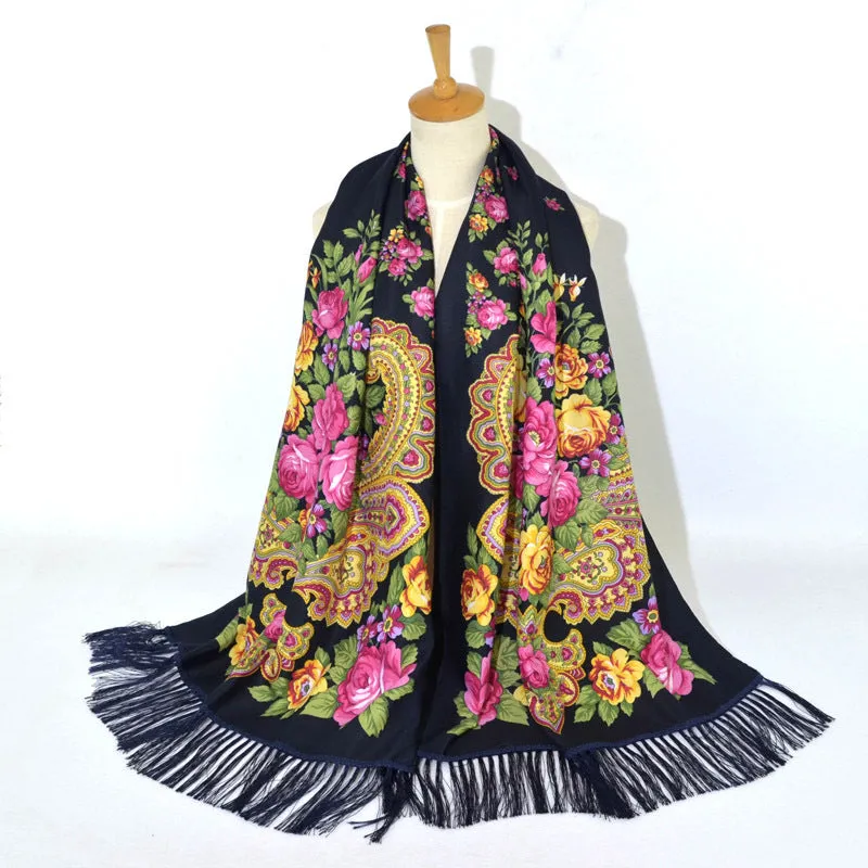 Ethnic Retro Flower Long Scarf Shawl Fringed Scarves for Women Ladies Girls
