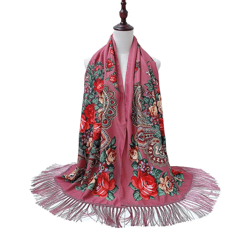 Ethnic Retro Flower Long Scarf Shawl Fringed Scarves for Women Ladies Girls