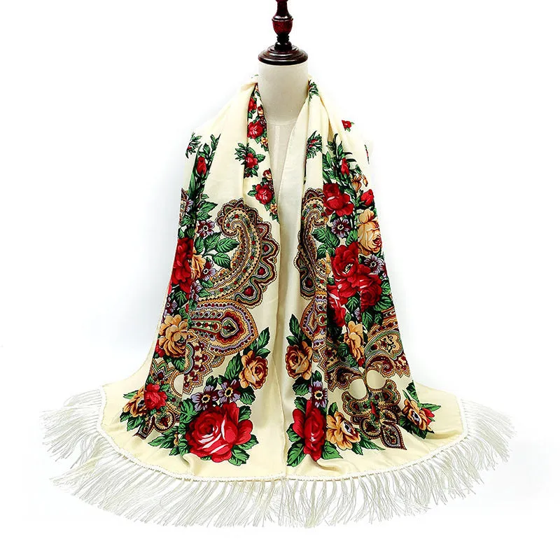 Ethnic Retro Flower Long Scarf Shawl Fringed Scarves for Women Ladies Girls