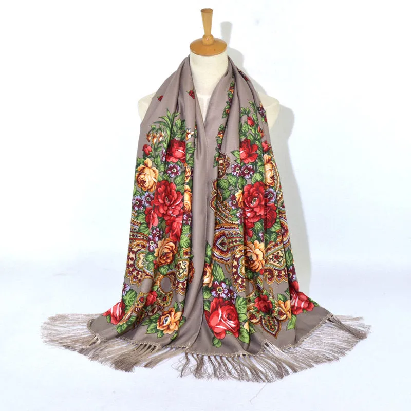 Ethnic Retro Flower Long Scarf Shawl Fringed Scarves for Women Ladies Girls