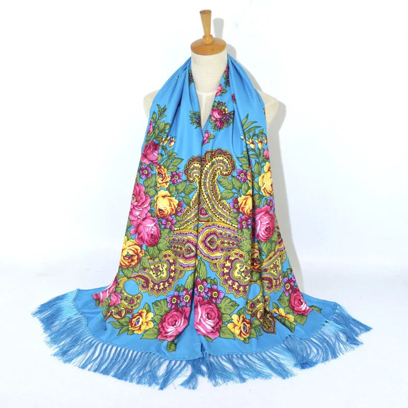 Ethnic Retro Flower Long Scarf Shawl Fringed Scarves for Women Ladies Girls