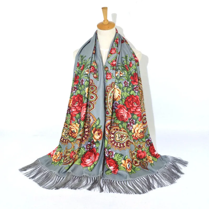 Ethnic Retro Flower Long Scarf Shawl Fringed Scarves for Women Ladies Girls