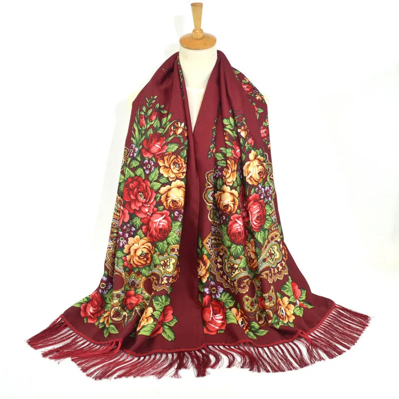 Ethnic Retro Flower Long Scarf Shawl Fringed Scarves for Women Ladies Girls
