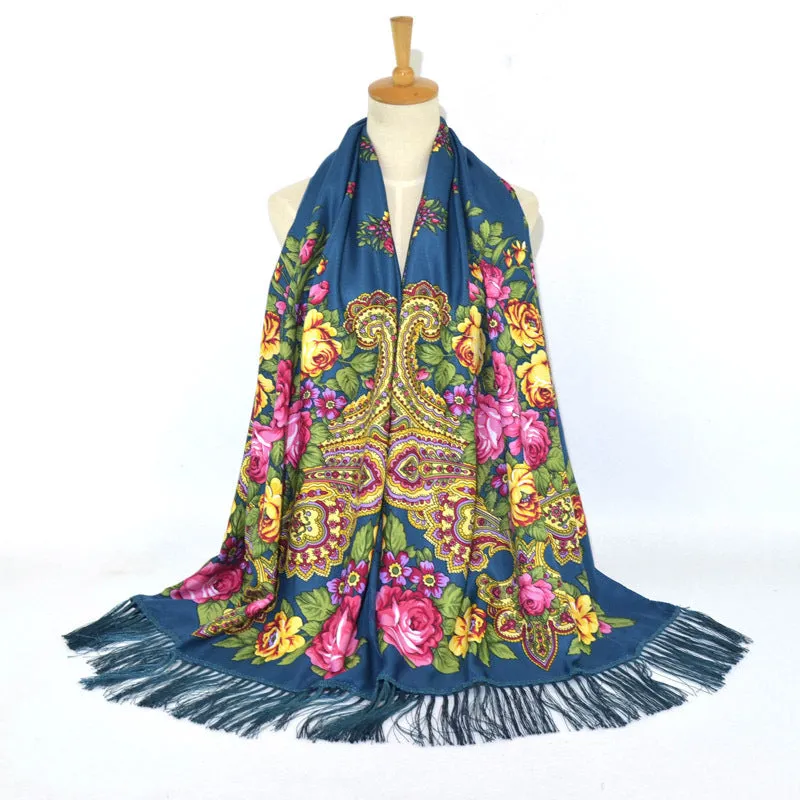 Ethnic Retro Flower Long Scarf Shawl Fringed Scarves for Women Ladies Girls