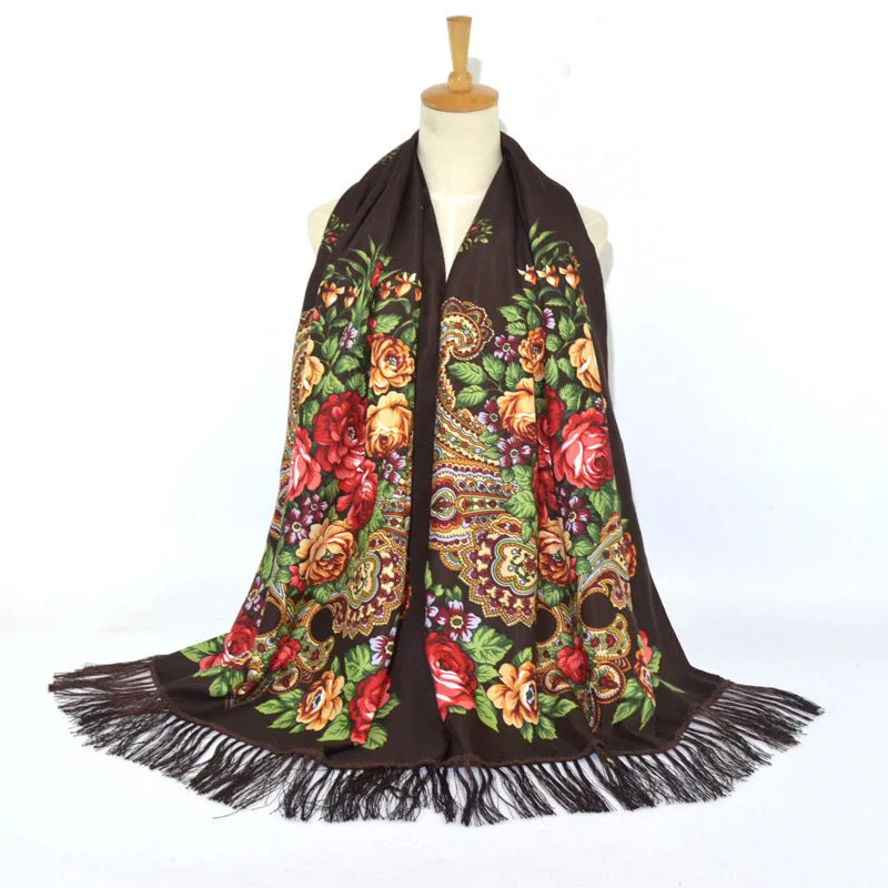 Ethnic Retro Flower Long Scarf Shawl Fringed Scarves for Women Ladies Girls