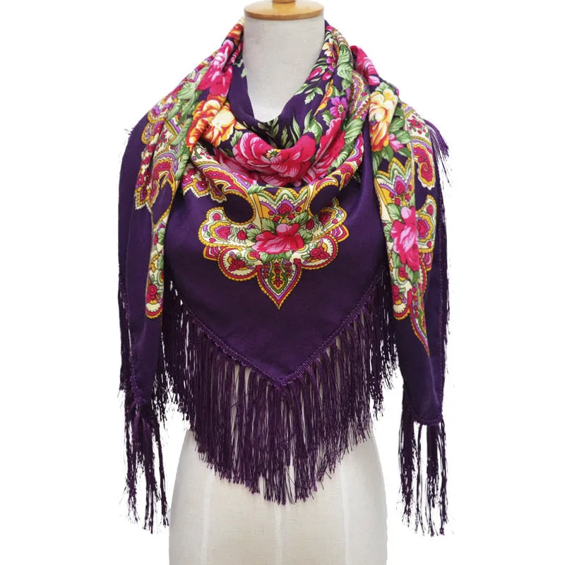 Ethnic Retro Flower Square Scarf Shawl Fringed Scarves for Women Ladies Girls