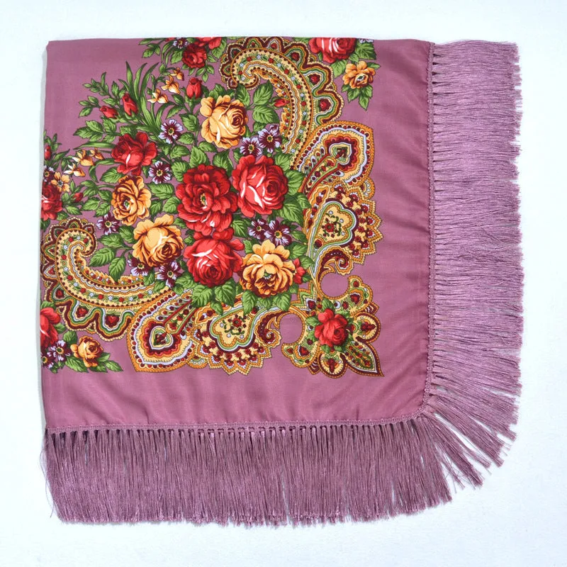 Ethnic Retro Flower Square Scarf Shawl Fringed Scarves for Women Ladies Girls