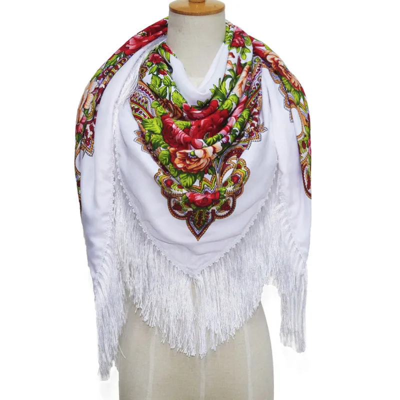 Ethnic Retro Flower Square Scarf Shawl Fringed Scarves for Women Ladies Girls