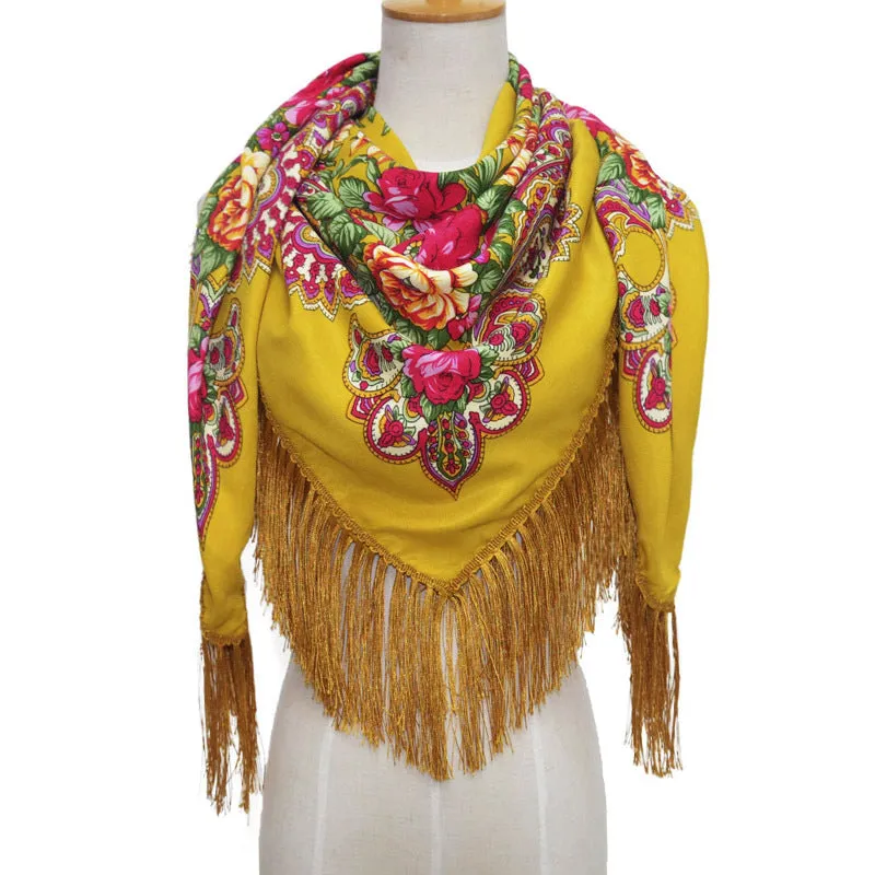 Ethnic Retro Flower Square Scarf Shawl Fringed Scarves for Women Ladies Girls