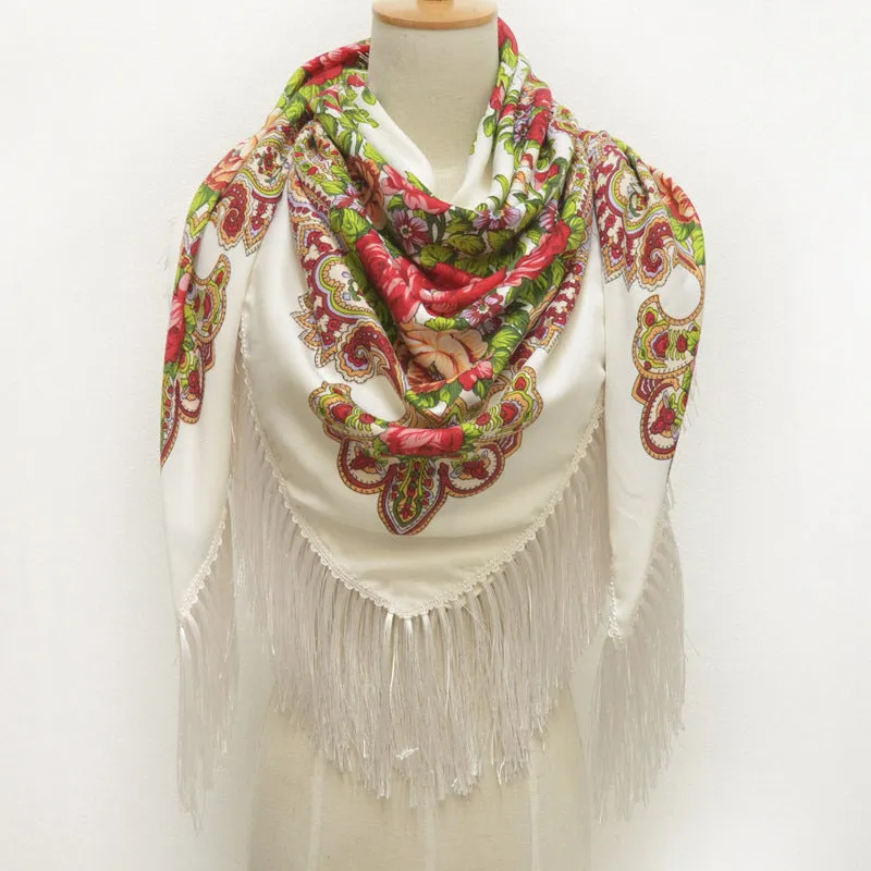Ethnic Retro Flower Square Scarf Shawl Fringed Scarves for Women Ladies Girls