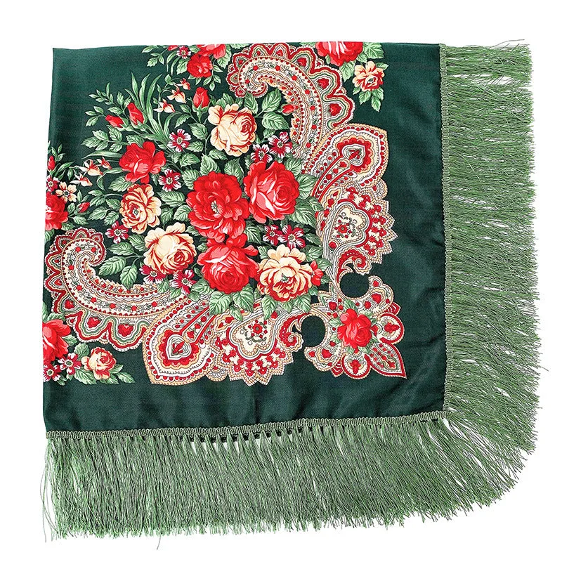 Ethnic Retro Flower Square Scarf Shawl Fringed Scarves for Women Ladies Girls