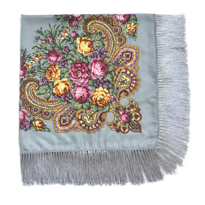 Ethnic Retro Flower Square Scarf Shawl Fringed Scarves for Women Ladies Girls