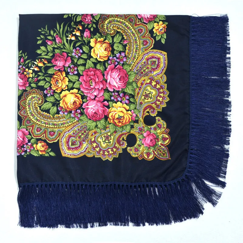 Ethnic Retro Flower Square Scarf Shawl Fringed Scarves for Women Ladies Girls