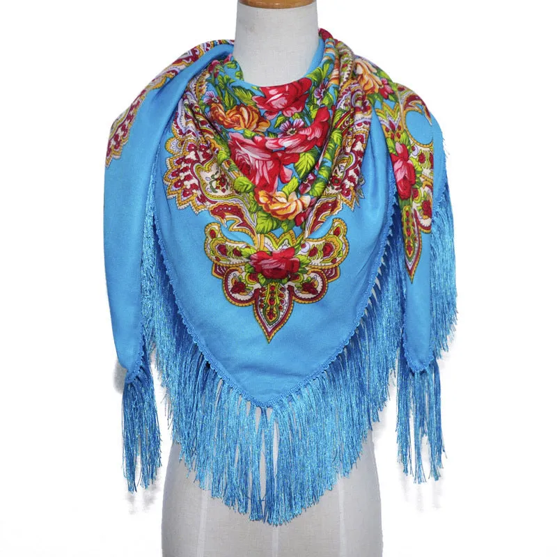 Ethnic Retro Flower Square Scarf Shawl Fringed Scarves for Women Ladies Girls