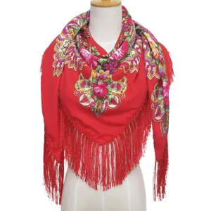 Ethnic Retro Flower Square Scarf Shawl Fringed Scarves for Women Ladies Girls
