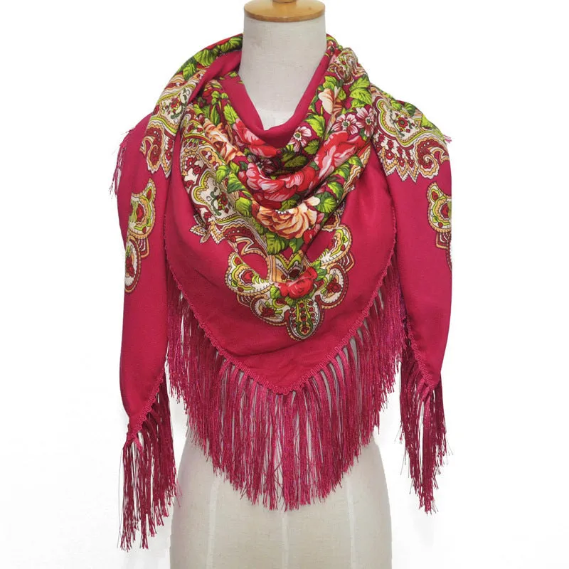 Ethnic Retro Flower Square Scarf Shawl Fringed Scarves for Women Ladies Girls