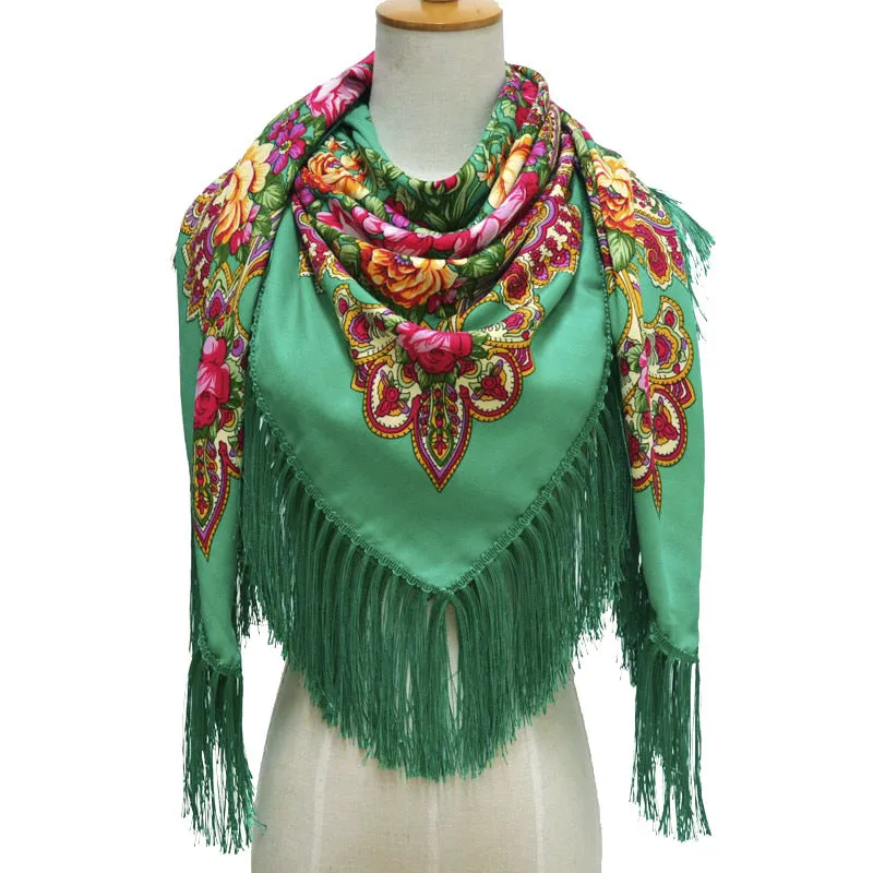 Ethnic Retro Flower Square Scarf Shawl Fringed Scarves for Women Ladies Girls