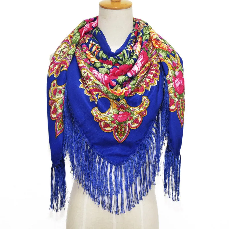 Ethnic Retro Flower Square Scarf Shawl Fringed Scarves for Women Ladies Girls