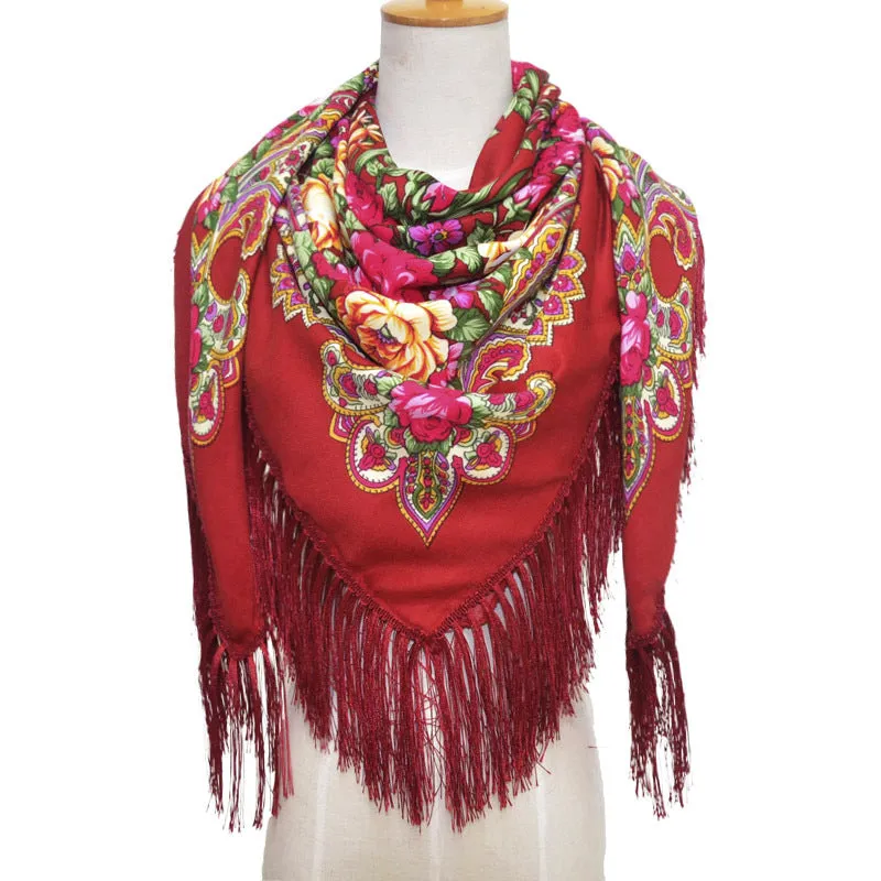 Ethnic Retro Flower Square Scarf Shawl Fringed Scarves for Women Ladies Girls