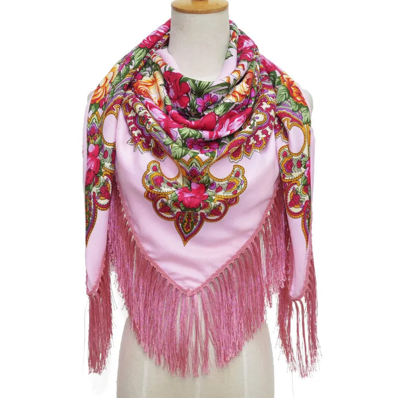 Ethnic Retro Flower Square Scarf Shawl Fringed Scarves for Women Ladies Girls