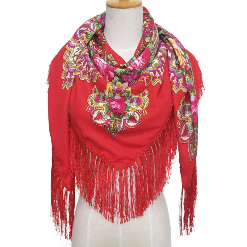 Ethnic Retro Flower Square Scarf Shawl Fringed Scarves for Women Ladies Girls