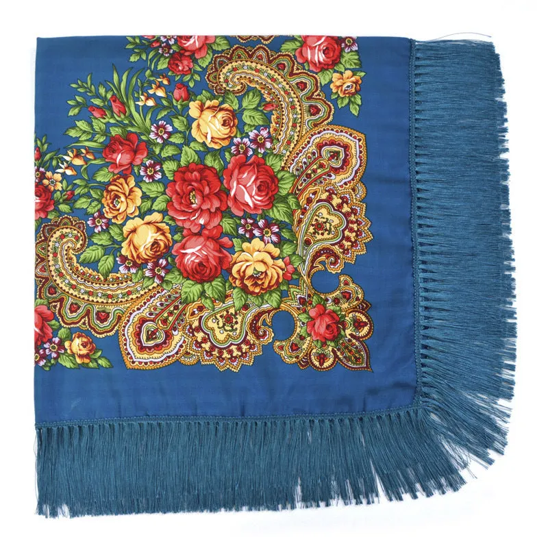 Ethnic Retro Flower Square Scarf Shawl Fringed Scarves for Women Ladies Girls