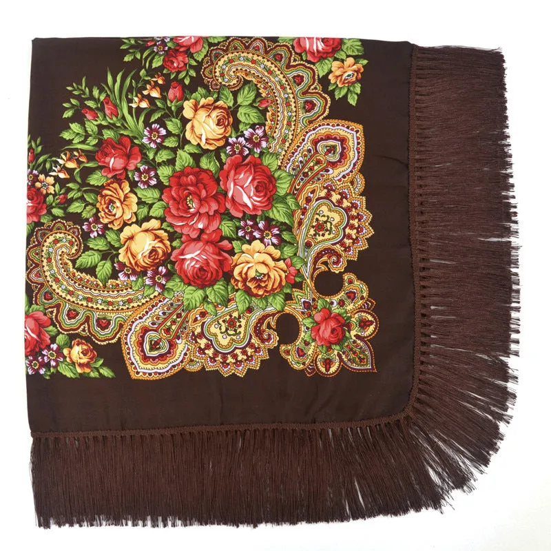 Ethnic Retro Flower Square Scarf Shawl Fringed Scarves for Women Ladies Girls