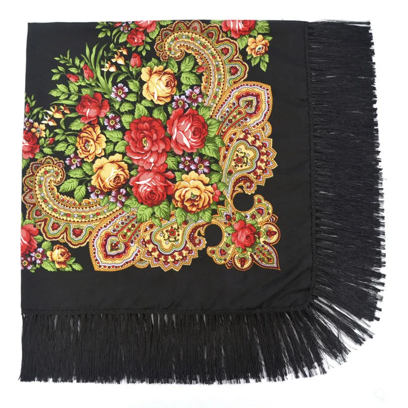 Ethnic Retro Flower Square Scarf Shawl Fringed Scarves for Women Ladies Girls